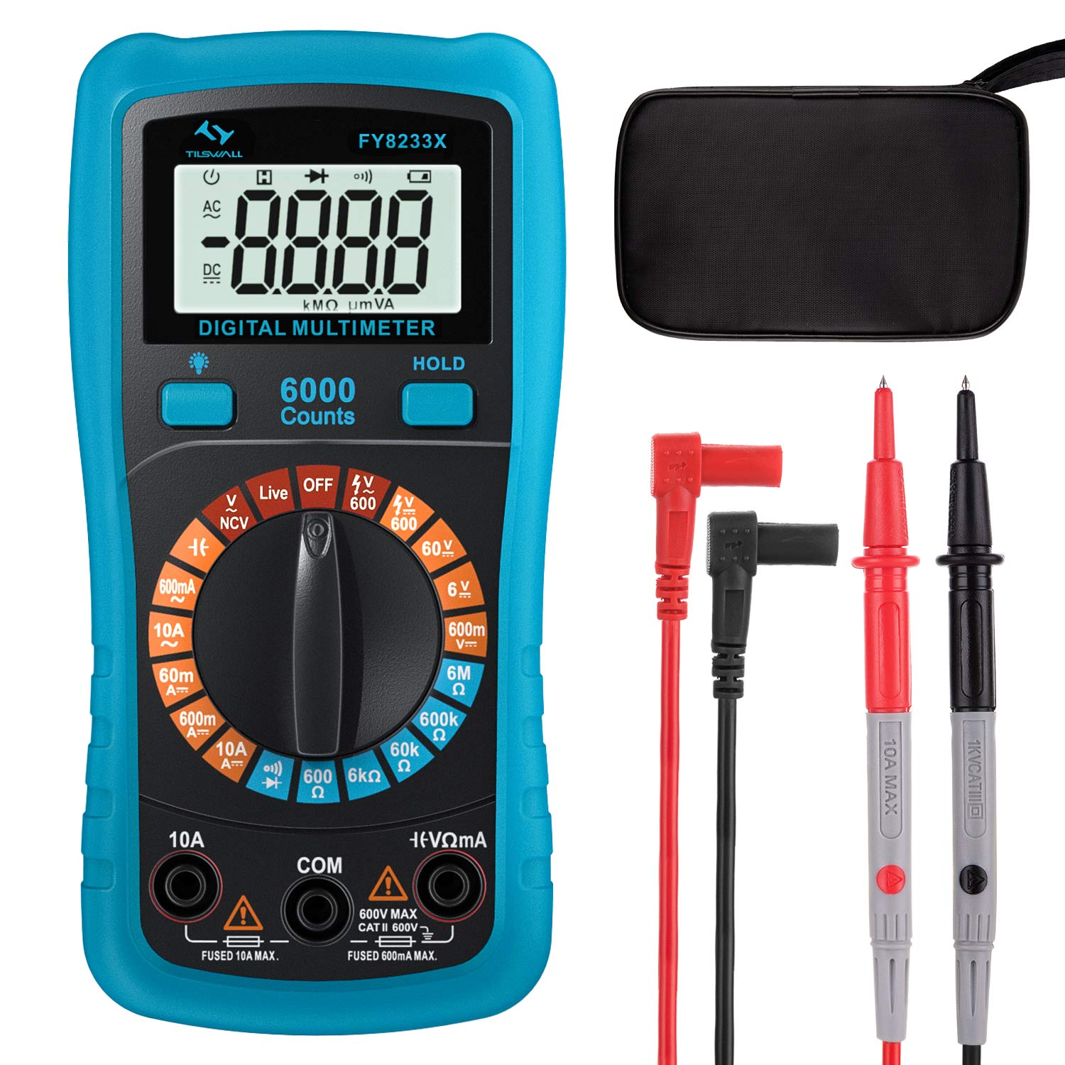 Tilswall Digital Multimeter FY8233X showing display, rotary switch, and measurement functions