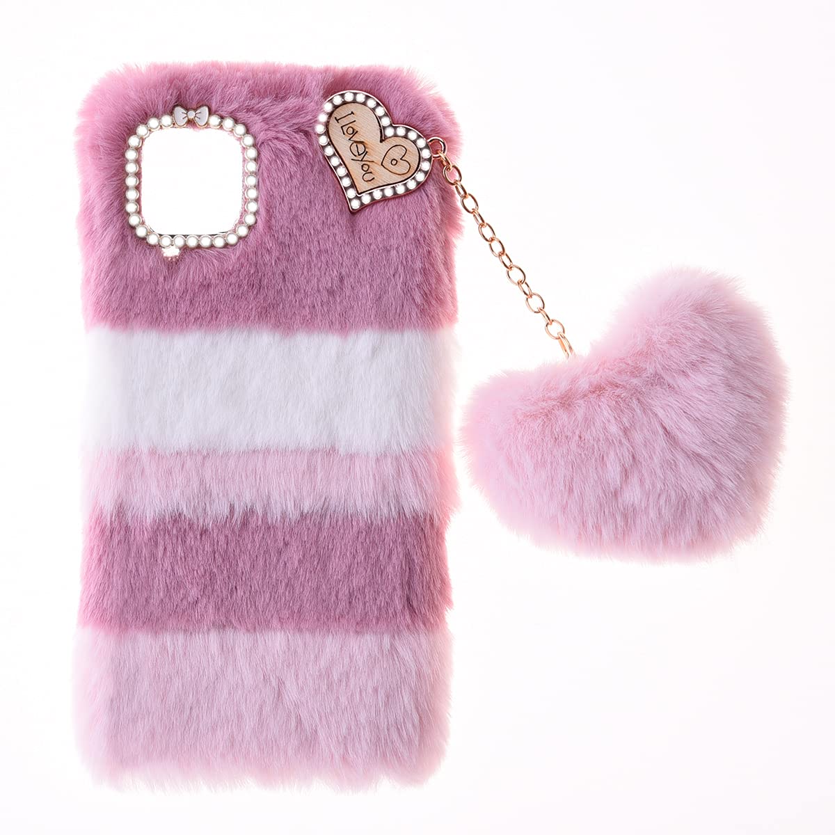 BLOTECH Plush Protective for OPPO A16E Fur Bunny Furry Phone Cover Plush Case Skin Cover Cute Soft Warm Fluffy Case Love Pendant for Women Girls Shell Splicing Pink Furry Fluffy Cases for OPPO A16E