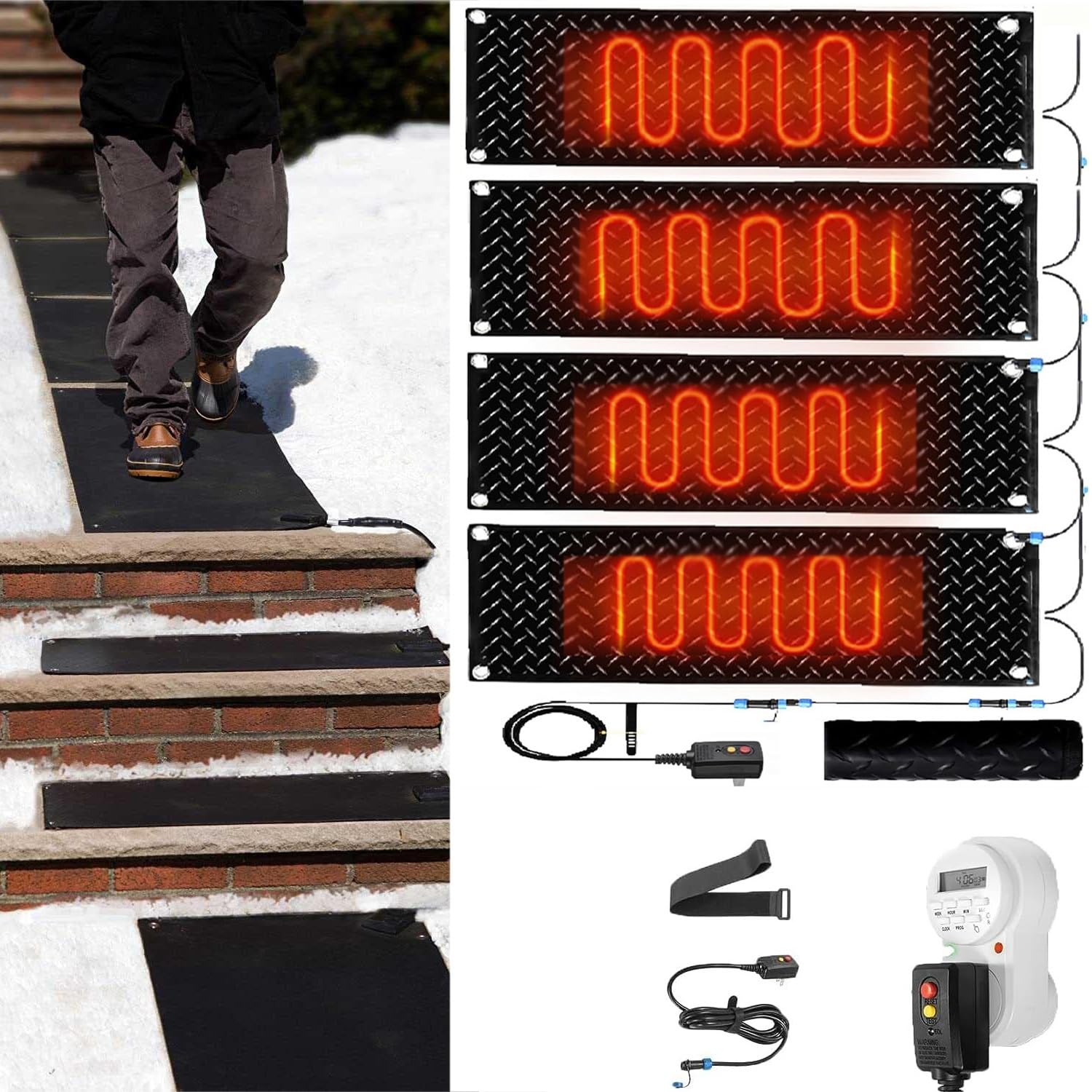 Tapis chauffants pour faire fondre la neige avec minuterie, 1/2/3/4/5 pièces pour l'extérieur, antidérapant, pour portes de passerelle et trottoirs, connexion avec câble d'alimentation