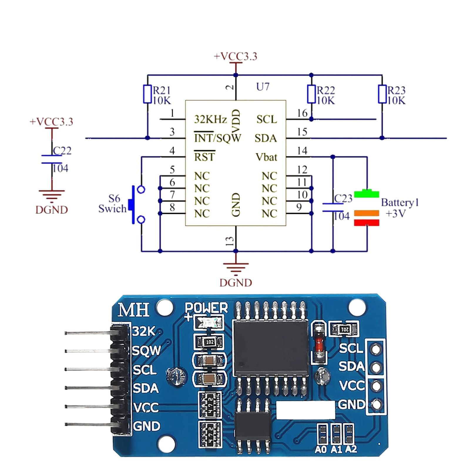 Real-Time Clock RTC modulo compatibile con orologio in tempo reale I2C, modulo orologio I2C RTC per Arduino e Raspberry Pi con batteria (6 pezzi)