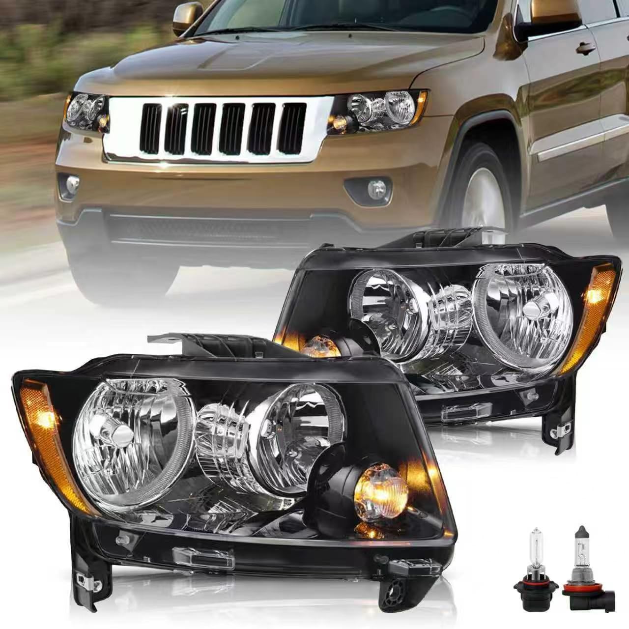 Bingbingmotor BRYGHT- [Factory Halogen Style ] Headlights Assembly Fit for 2011 2012 2013 Jeep Grand Cherokee, 2011-2017 Compass Headlamps Replacement