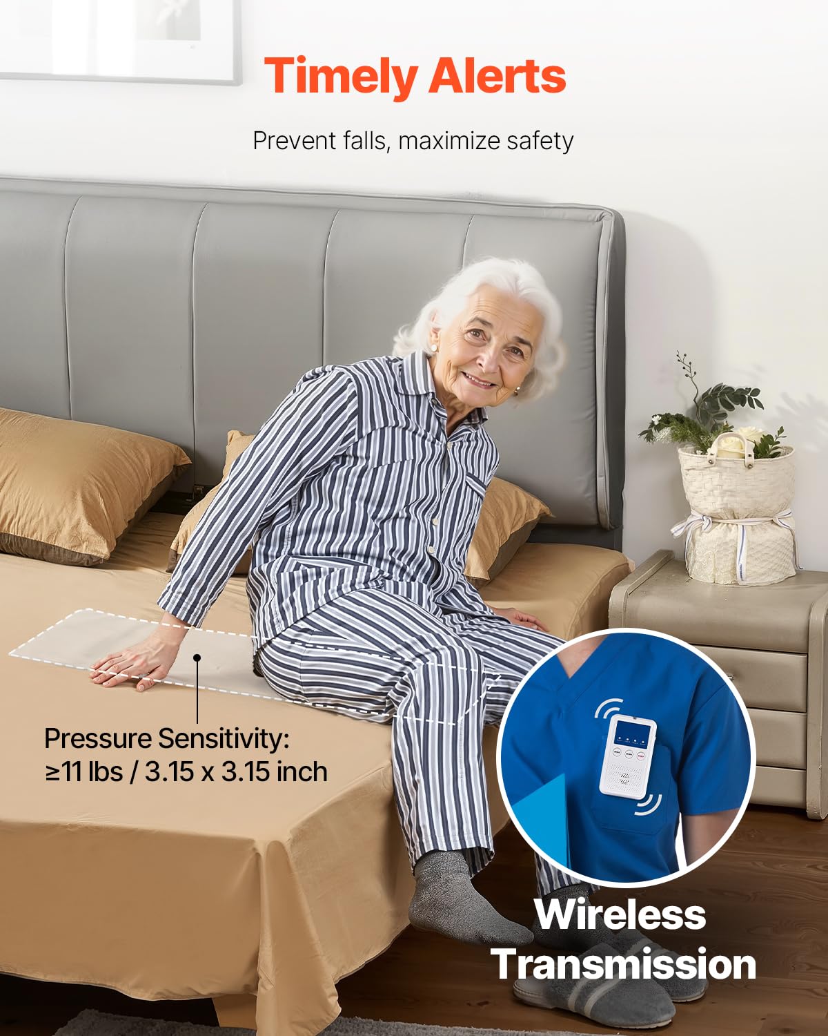 VEVOR Sistema de Alarma de Cama Alerta Temprana 254 x 889 mm Almohadilla de Sensor de Cama Inalámbrica con Botón de Llamada y Buscapersonas Almohadilla Prevención de Caídas para Personas Mayores