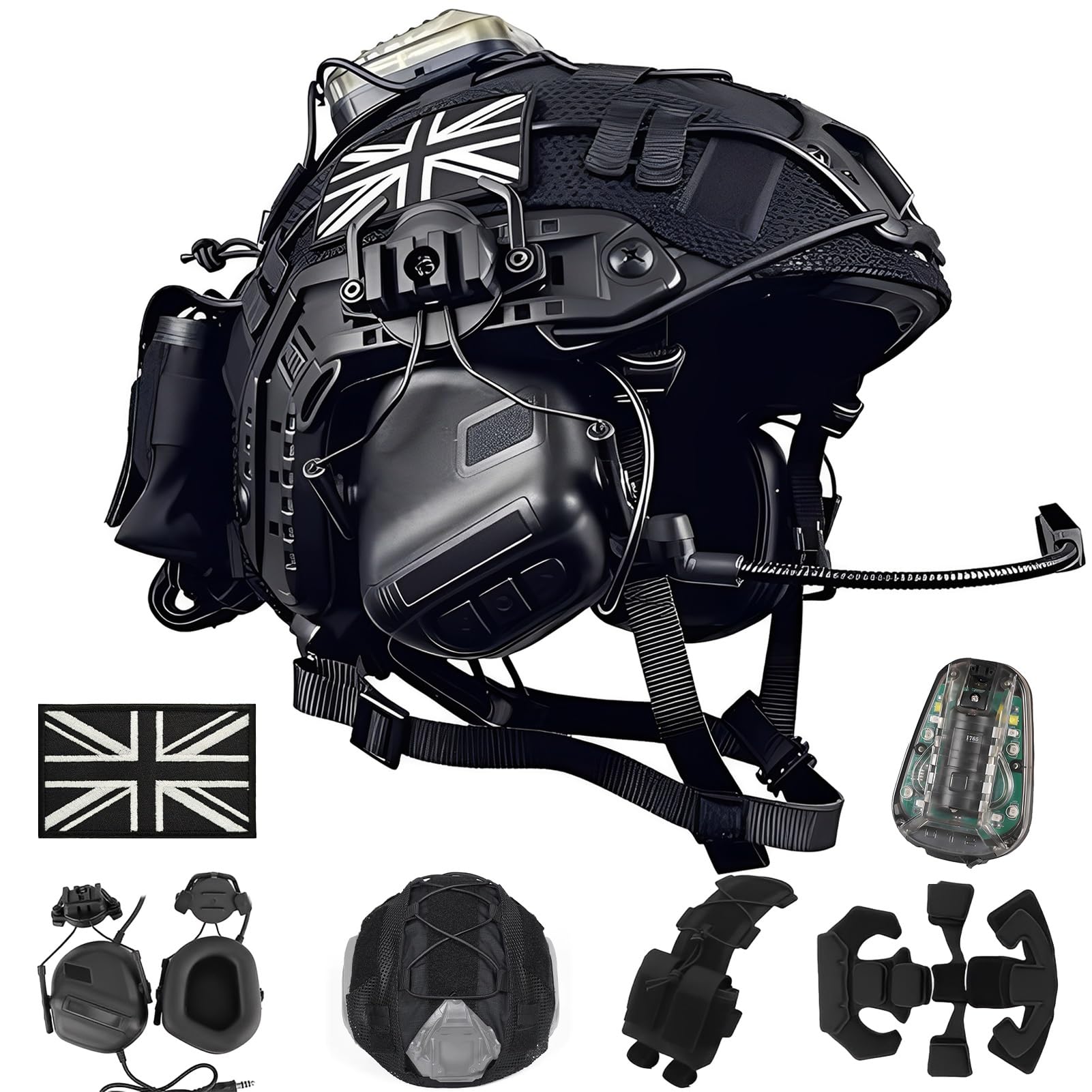 Ensemble Casque Airsoft Fast 5-en-1 Amélioré Réglable avec Oreillette Tactique, Housse De Casque Amovible Et Lampe Signalisation - Équipement Cosplay Tactique Militaire pour Adultes