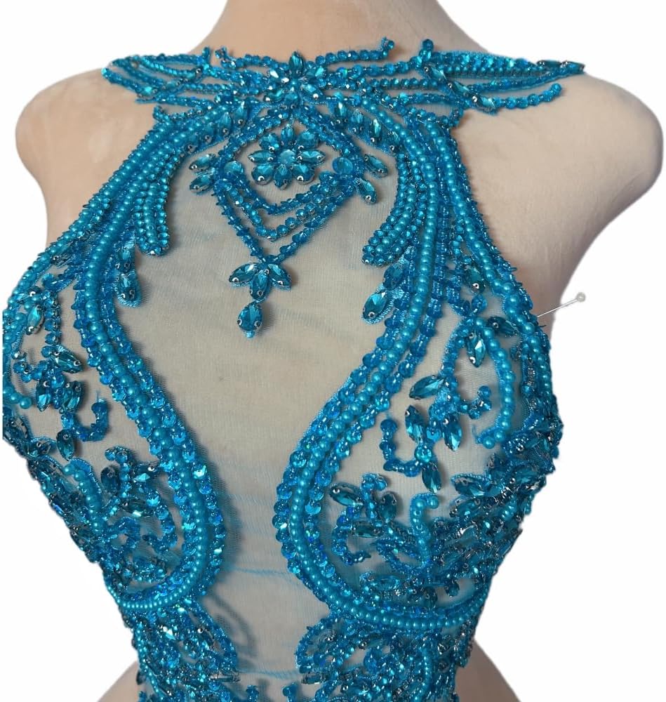 Beaded Appliques Sew on Lace with Crystals Rhinestones for Sewing Clothes Patches Prom Gown Wedding Dress Decorations (Lightblue)