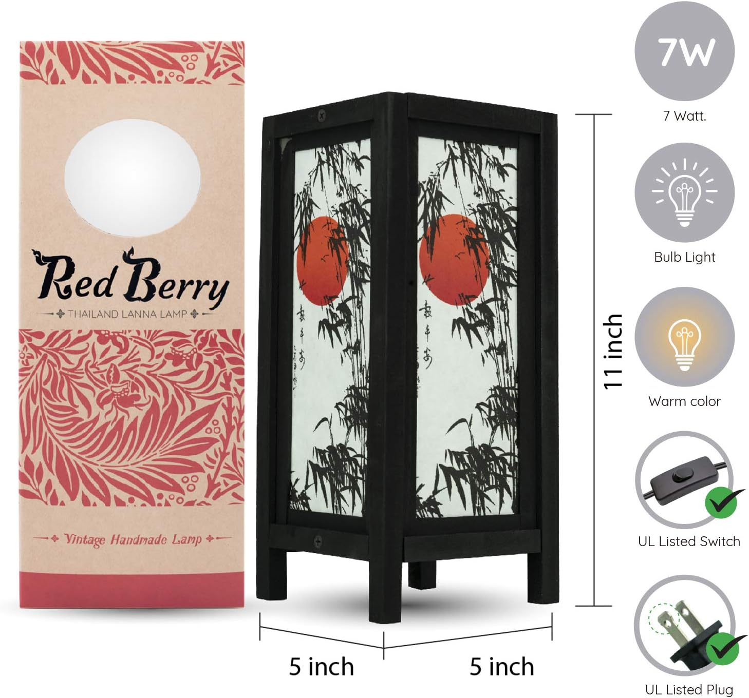 RED BERRY THAILAND LANNA LAMP - Thai Vintage Handmade Asian Oriental Handcraft Japanese Sunset Bamboo Tree Art Bedside Table Light or Floor Wood Lamp Home Bedroom Decor Modern JP Sunset Bamboo 5CE