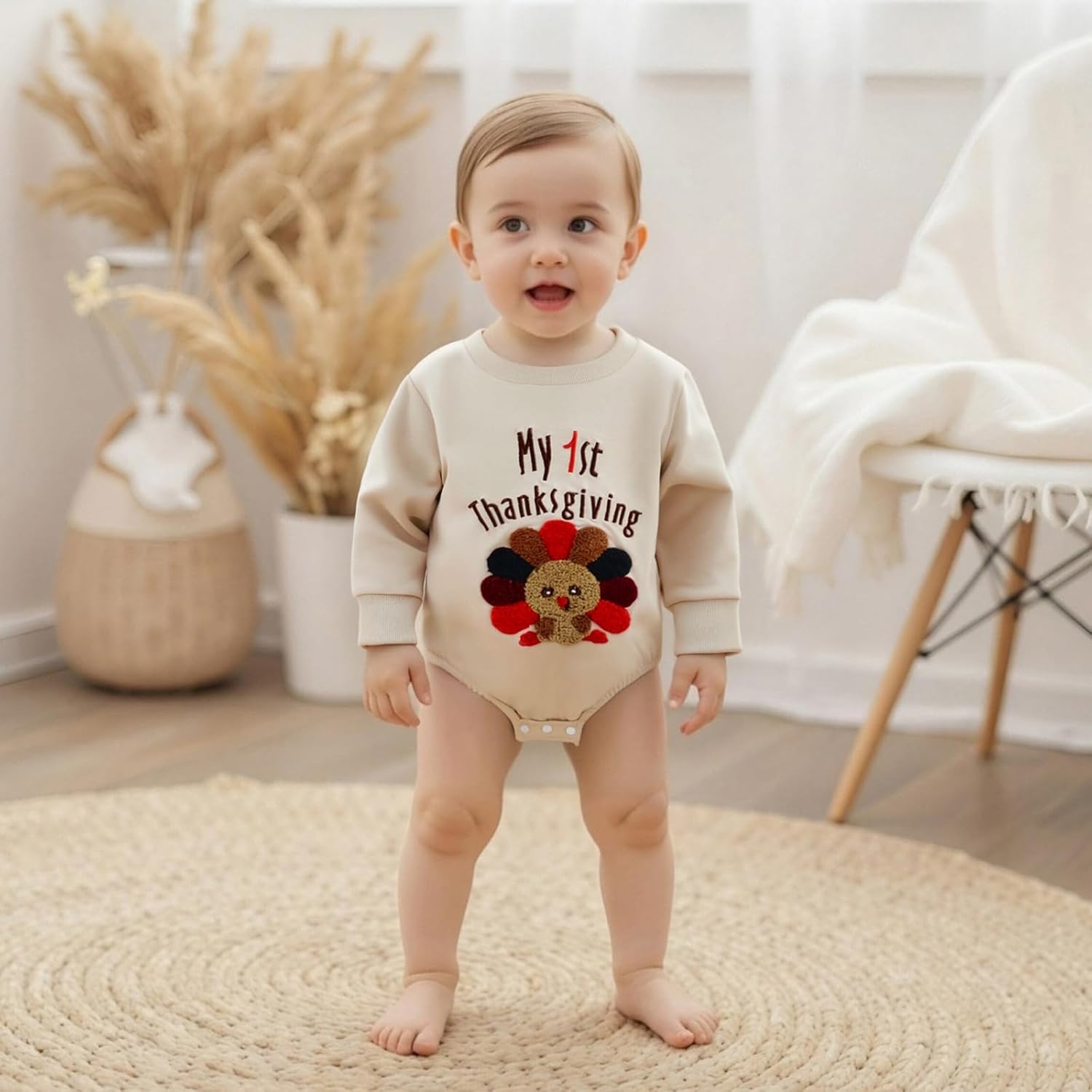 Giraropa My First Thanksgiving Baby Boy Outfit Smocked Bubble Romper Ruffle Jumpsuit Cute Newborn Infant Fall Winter Clothes - Image 2