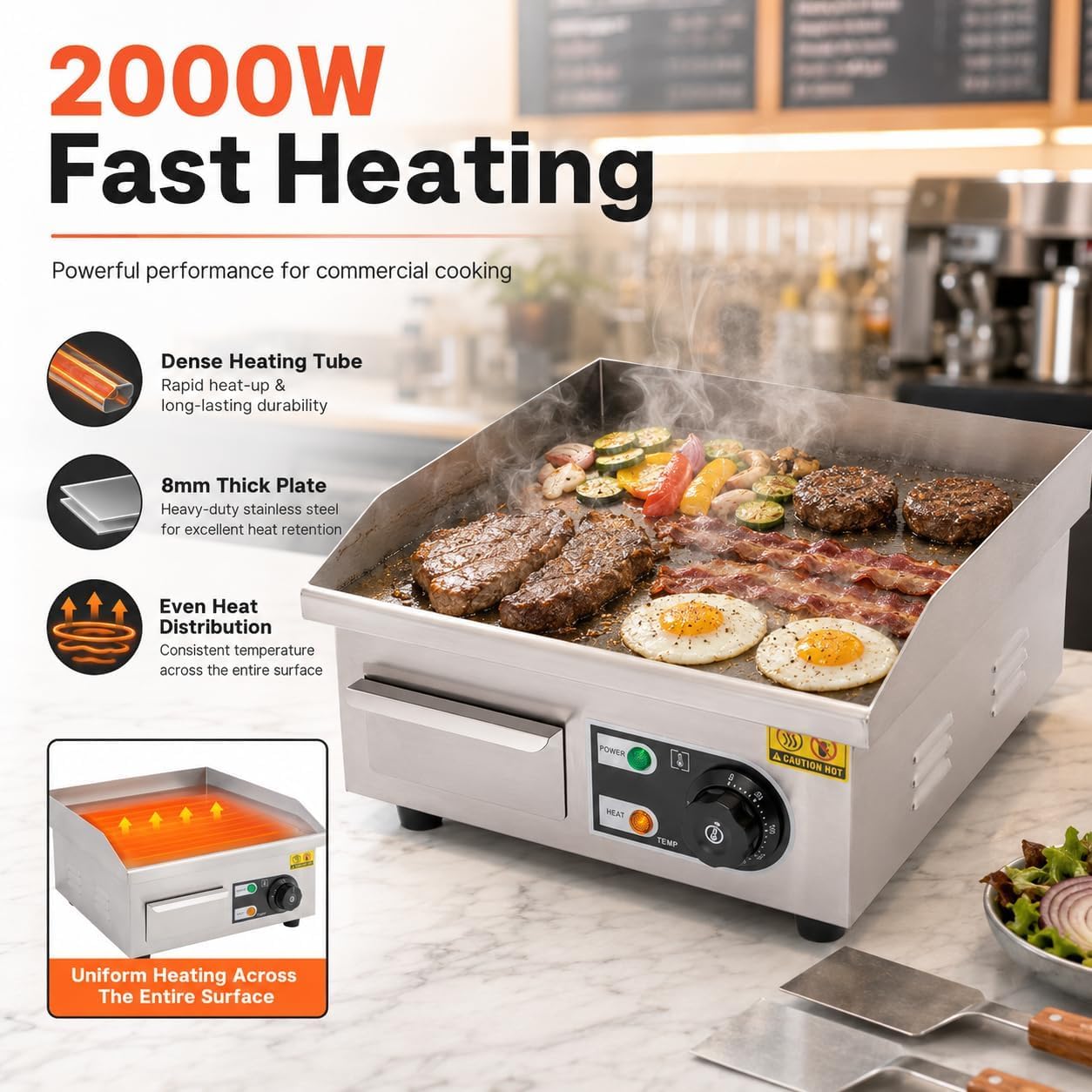 Piastra elettrica da 14 pollici, griglia Teppanyaki professionale da 2000 W per ristoranti, piastra antiaderente in acciaio inossidabile per uso domestico o professionale.
