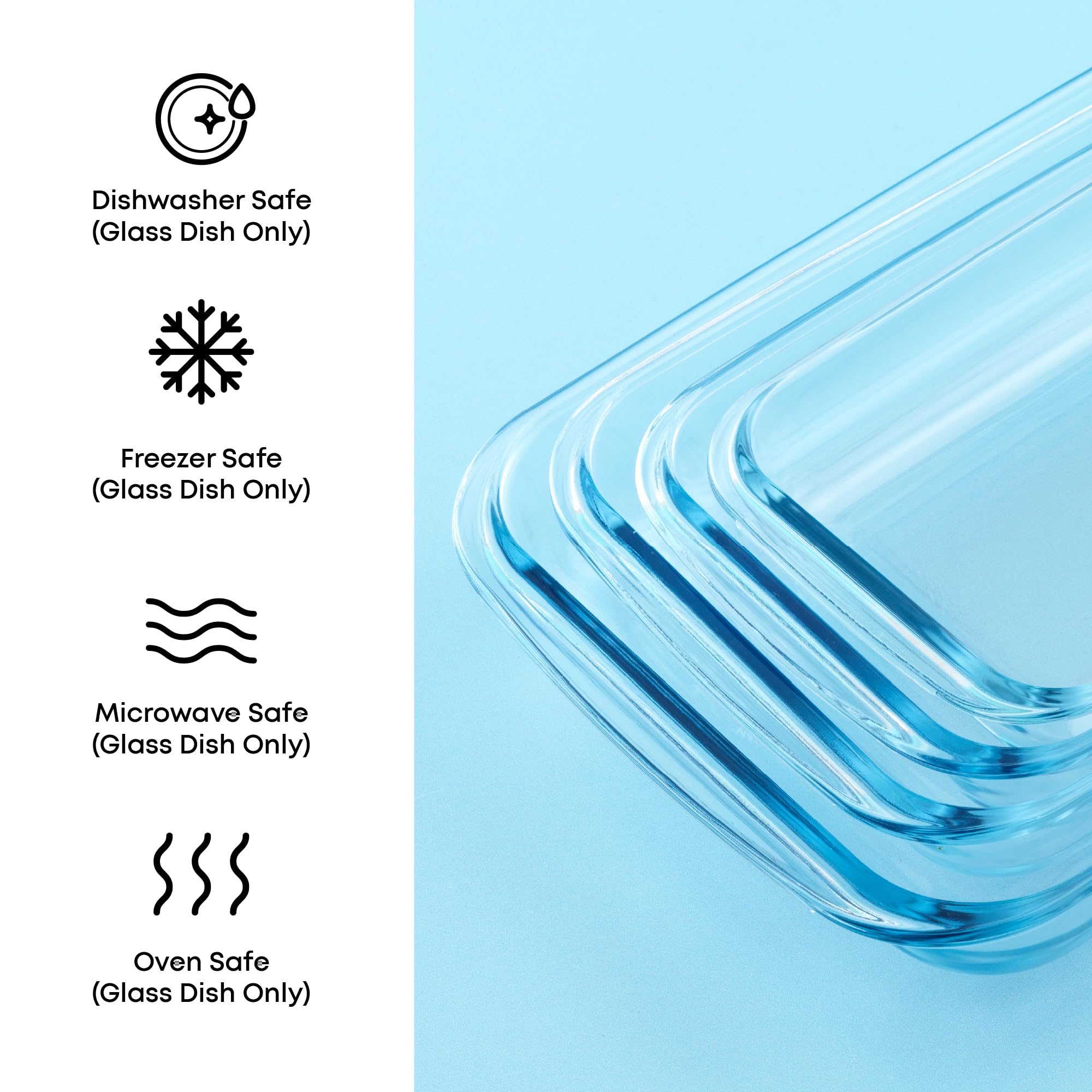 JoyJolt 8-teiliges Ofenformen-Set aus Borosilikatglas mit salbeigrünen Deckeln, rechteckiges tiefes Glas-Backform-Set, Backformen für Lasagne, Auflaufform, Kuchen, Backformen-Set, Gefrierschrank zu