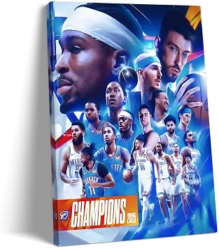 2025 NBA Finals Canvas Wall Art Decor Framed Painting - Thunder Team Blue Champions Poster Print, Abstract Oil Painting Basketball Artwork, Finals Wall Art Decor for NBA Fans 8X10 inch