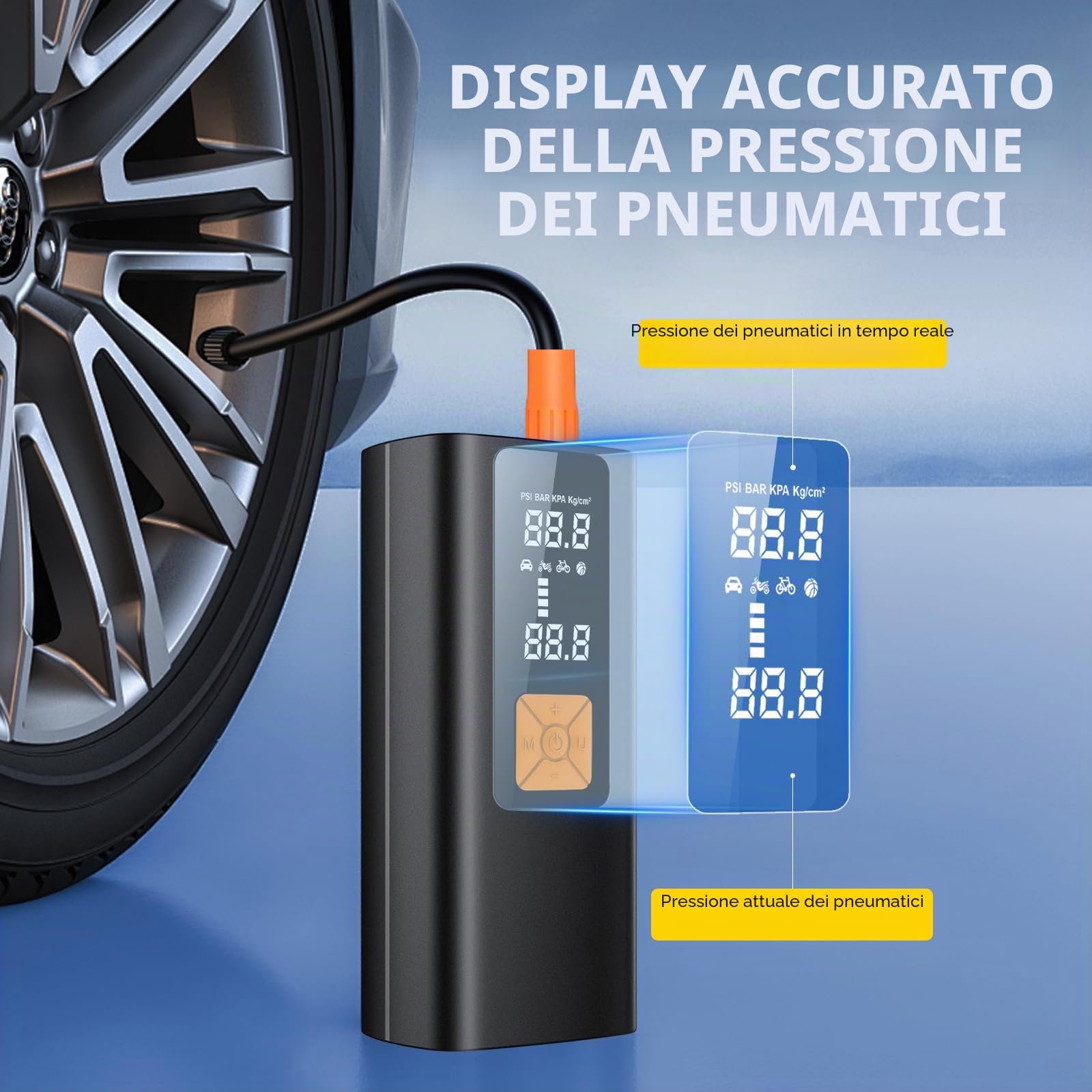 Compressore Aria Portatile, 150PSI & 20000mah Mini Compressore Portatile, 3X Velocità Gonfiatore Elettrico con Schermo LCD Digitale, 5 Modalità, Pompa per Bicicletta, Auto, Moto, Monopattino, Palloni
