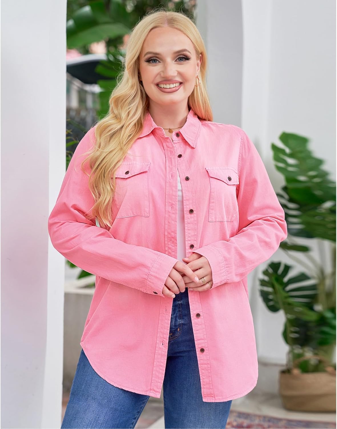 Vetinee Women's Button Down Denim Shirt Collared Casual Long Sleeve Pocket Tops - Image 5