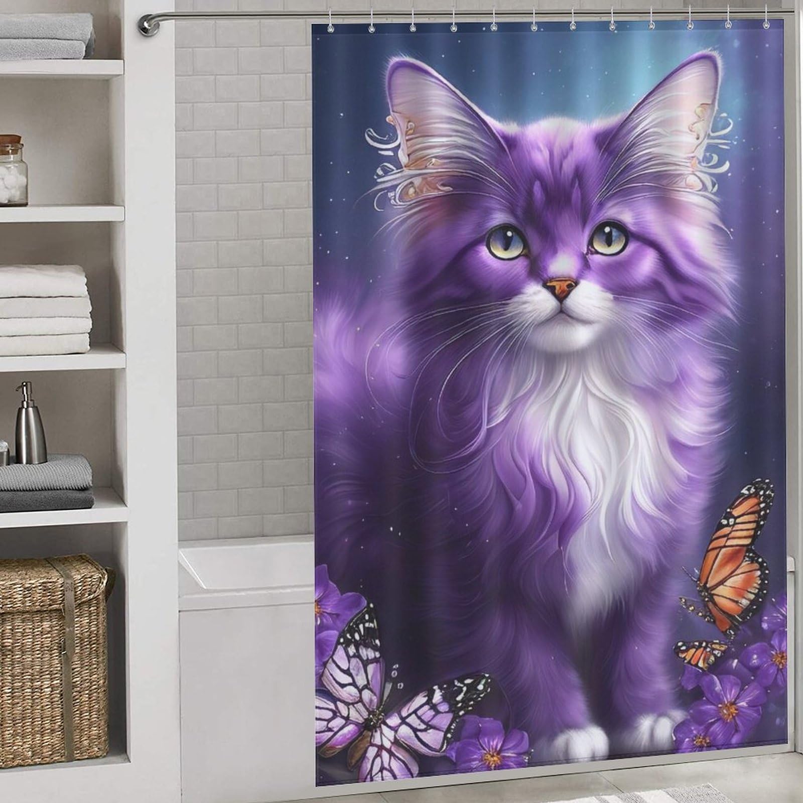 Rideau de douche chat lavable pour baignoire, la solution contre l'eau au sol