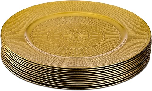 Miniatura 3 de DEAYOU Paquete de 12 platos de carga dorados, cargadores de cuentas de 13 pulgadas para platos de cena, platos de carga redondos reutilizables de