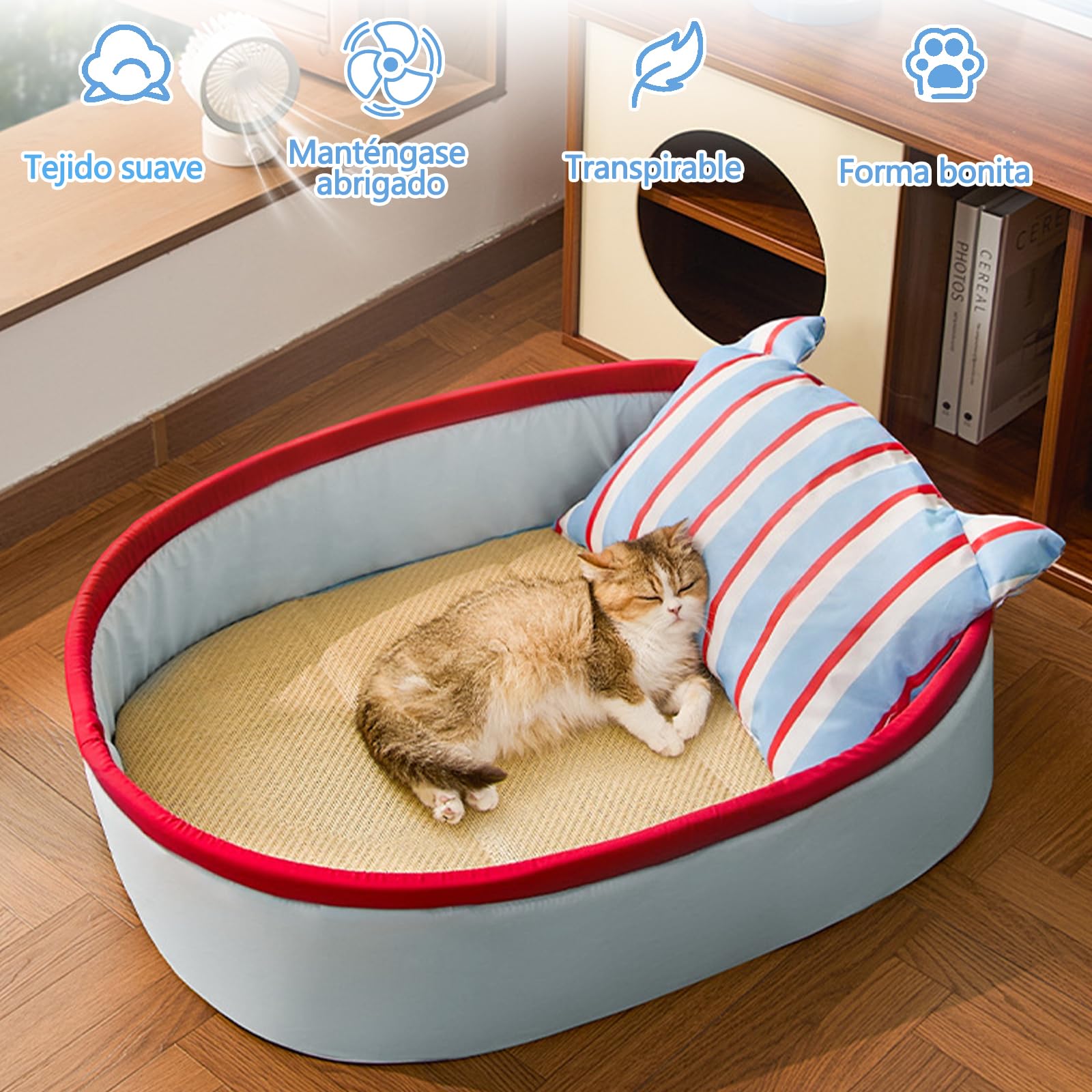 Galatée Cama Refrescante para Mascotas, De Ratán/Tela Oxford, Apta para Todas Las Estaciones, Cama y Colchoneta Separadas, Cama Antideslizante para Gatos/Perros(XL,Azul)
