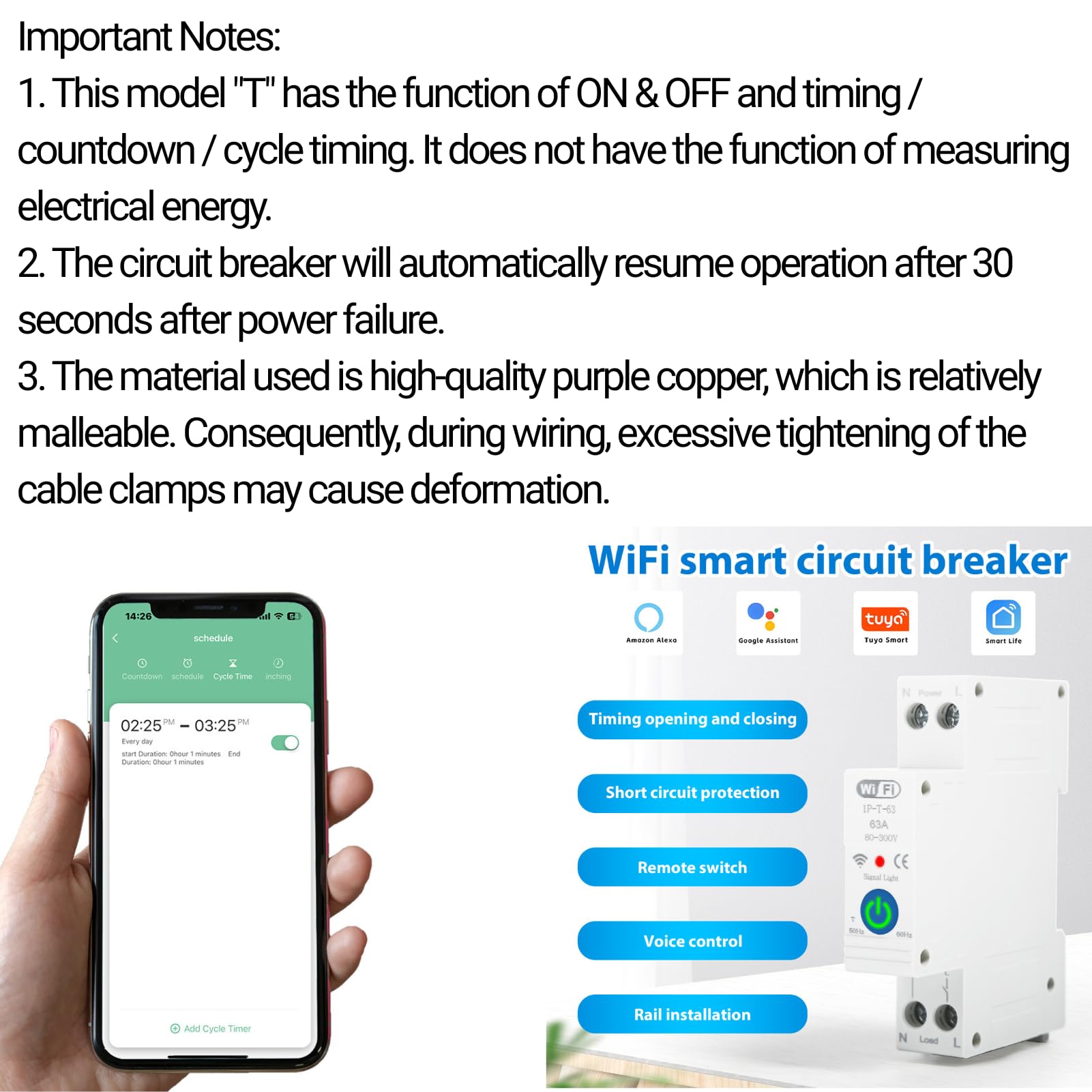 Jadeshay Tuya WiFi Disyuntor Inteligente,1P 63A 230VAC Interruptor WiFi con 3 Modos de Temporización Compatible con Control Remoto via Tuya y Smart Life App,Control de Voz via Alexa Google Assistant