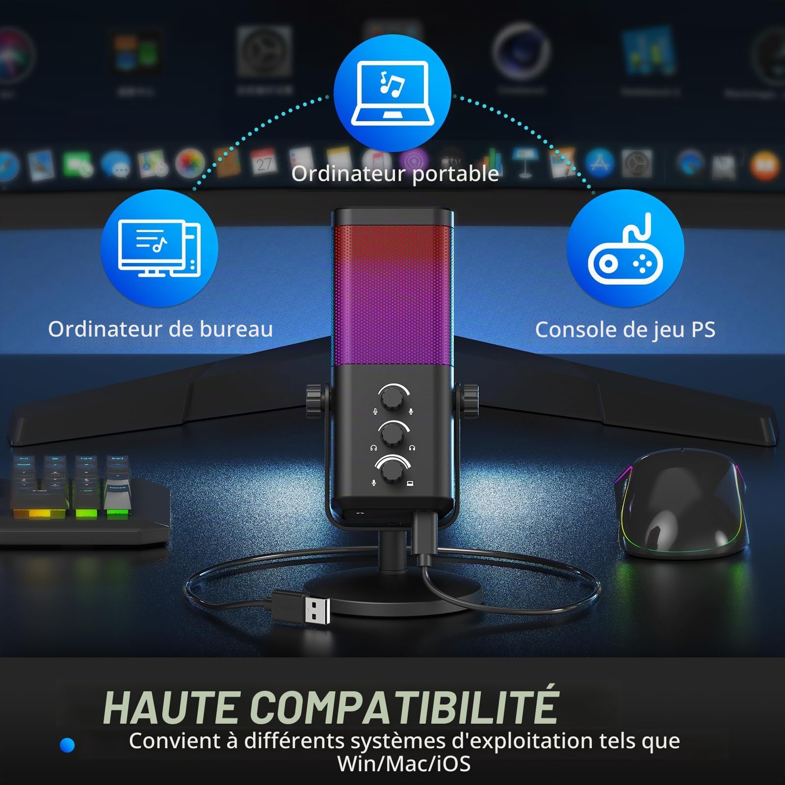 XTUGA M7 Microphone Dynamique pour Streaming Gaming avec éclairage RGB, Microphone à condensateur pour Ordinateur avec réduction du Bruit et Surveillance en Temps réel pour Podcast
