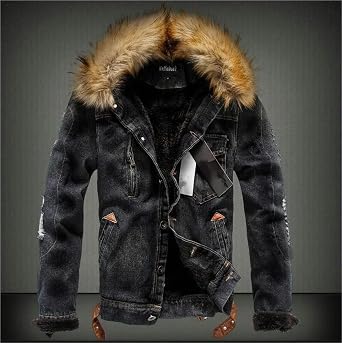Men’S Denim Jacket Men's Retro Plush Denim Jacket Casual Tear Patch Coat for Men