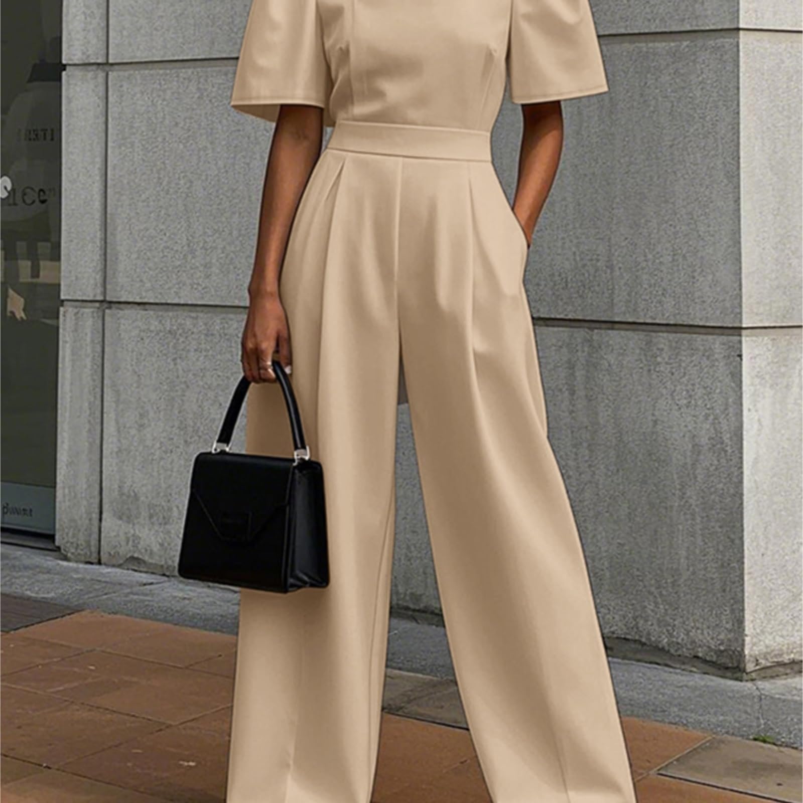 Jumpsuit Donna Tute eleganti aderenti in vita da donna, scollo quadrato, moda da strada, maniche corte, pantaloni larghi, tute solide for il tragitto casa-lavoro