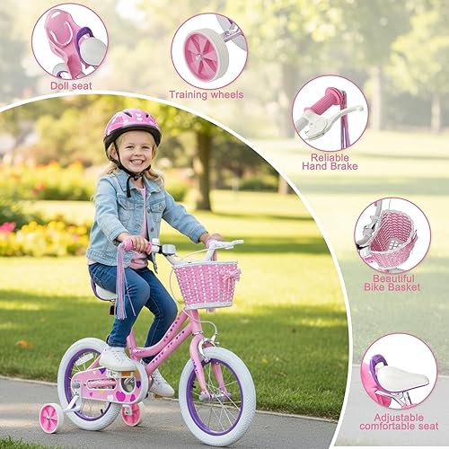 Miniatura 2 de XJD Bicicleta para niñas de 2 a 12 años de edad, bicicleta para niños de 12 a 20 pulgadas, con ruedas de entrenamiento y cesta Rosa claro,Flor