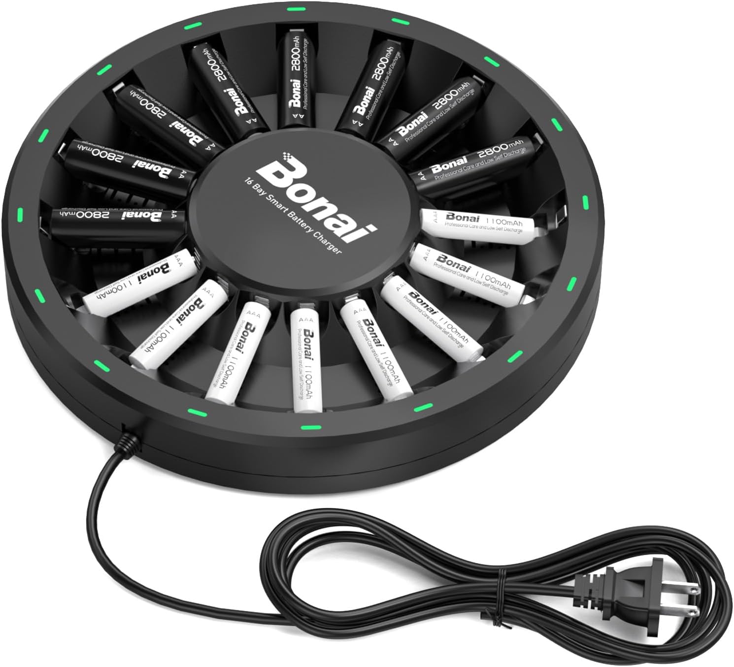 BONAI Rechargeable AA Batteries 8 Pack and Rechargeable AAA Batteries 8 Pack with 16 Slot Charger Kit, Smart NIMH AA AAA Charger Intelligent Detection