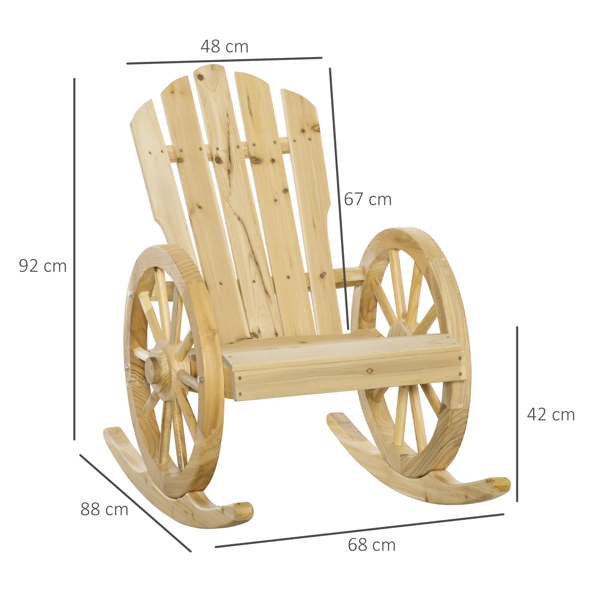 Outsunny Schaukelstuhl, Schwingsessel, Gartenstuhl mit Rollen-Design, Rustikaler Relaxstuhl, Naturholz, Massivholz, 68 x 88 x 92 cm