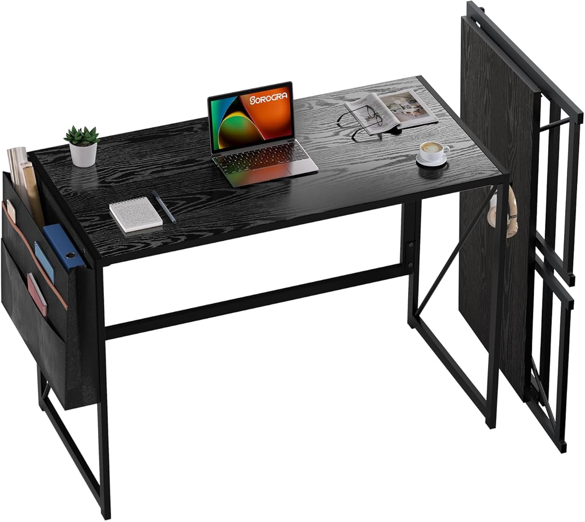 Folding Desk with Storage Pocket for Small Spaces, 39.4 Inch Foldable Desk with Headphone Hook for Bedroom Home Office, Portable Writing Table, Easy Assembly, Black
