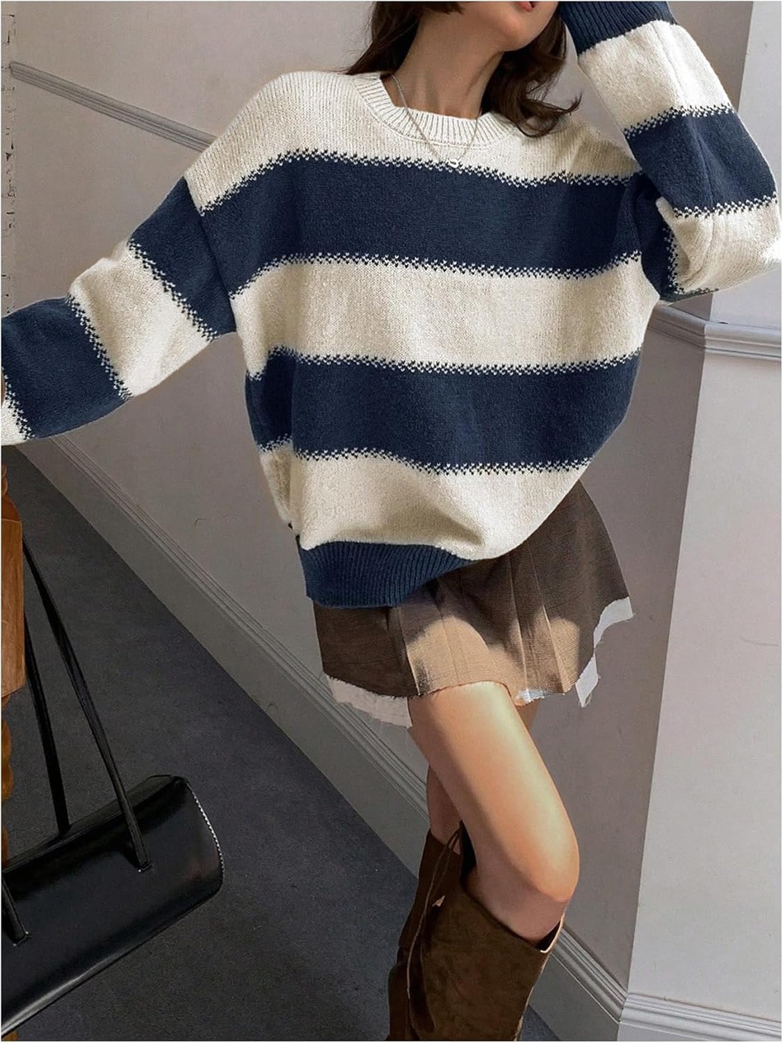 Verdusa Women's Striped Sweater Color Block Pullovers Sweaters Long Sleeve Knit Tops - Image 5