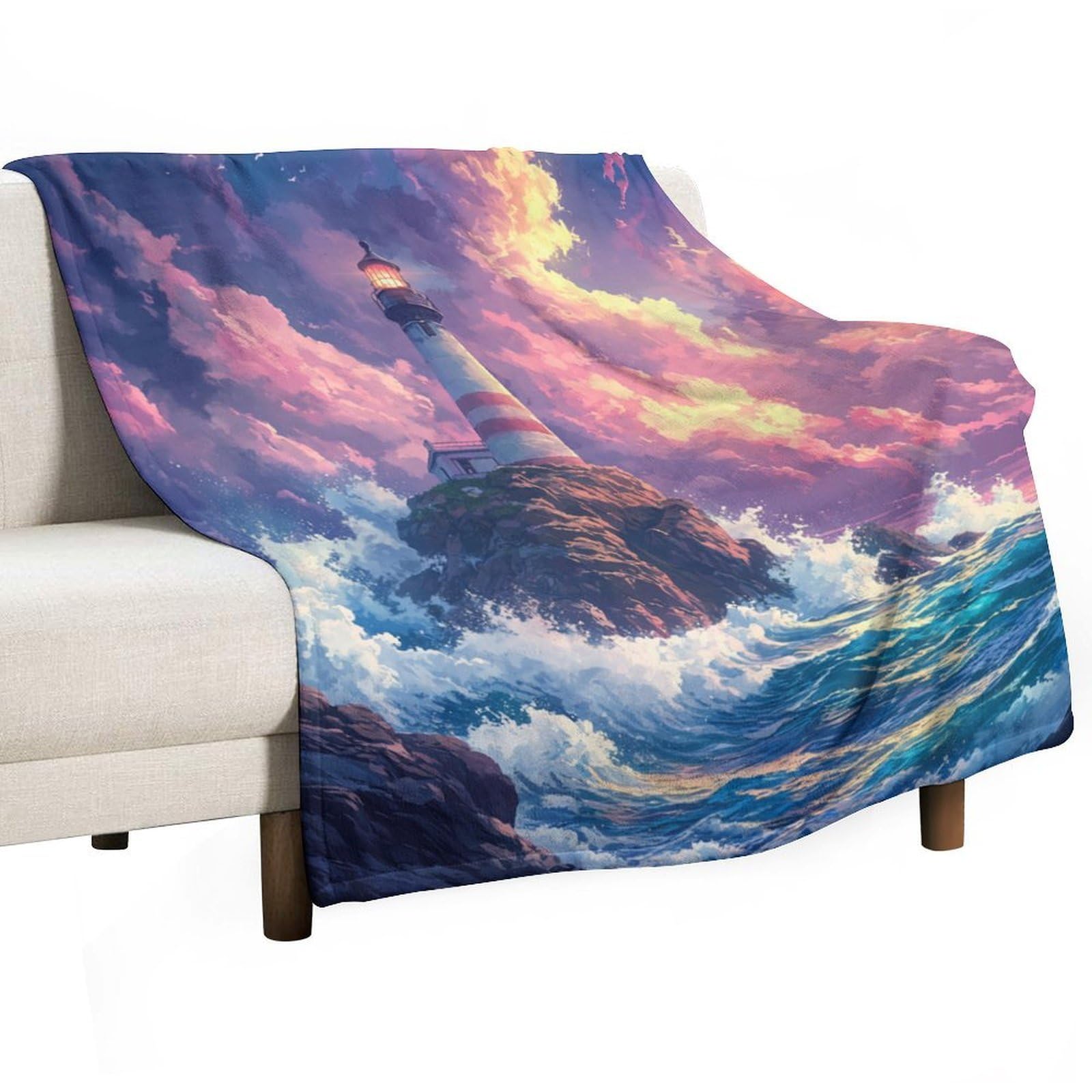 Polaire chaude phare et vagues couverture flanelle douce haute densité