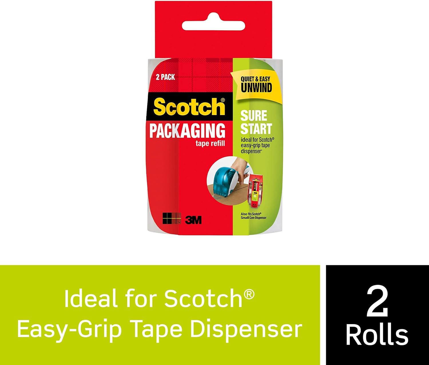 Scotch Sure Start Shipping Packaging Tape, 1.88" x 25 yd, Designed for Packing, Shipping and Mailing, Quiet Unwind, No Splitting or Tearing, 1.5" Core, Clear, 2 Rolls (DP-1000-RR-2)
