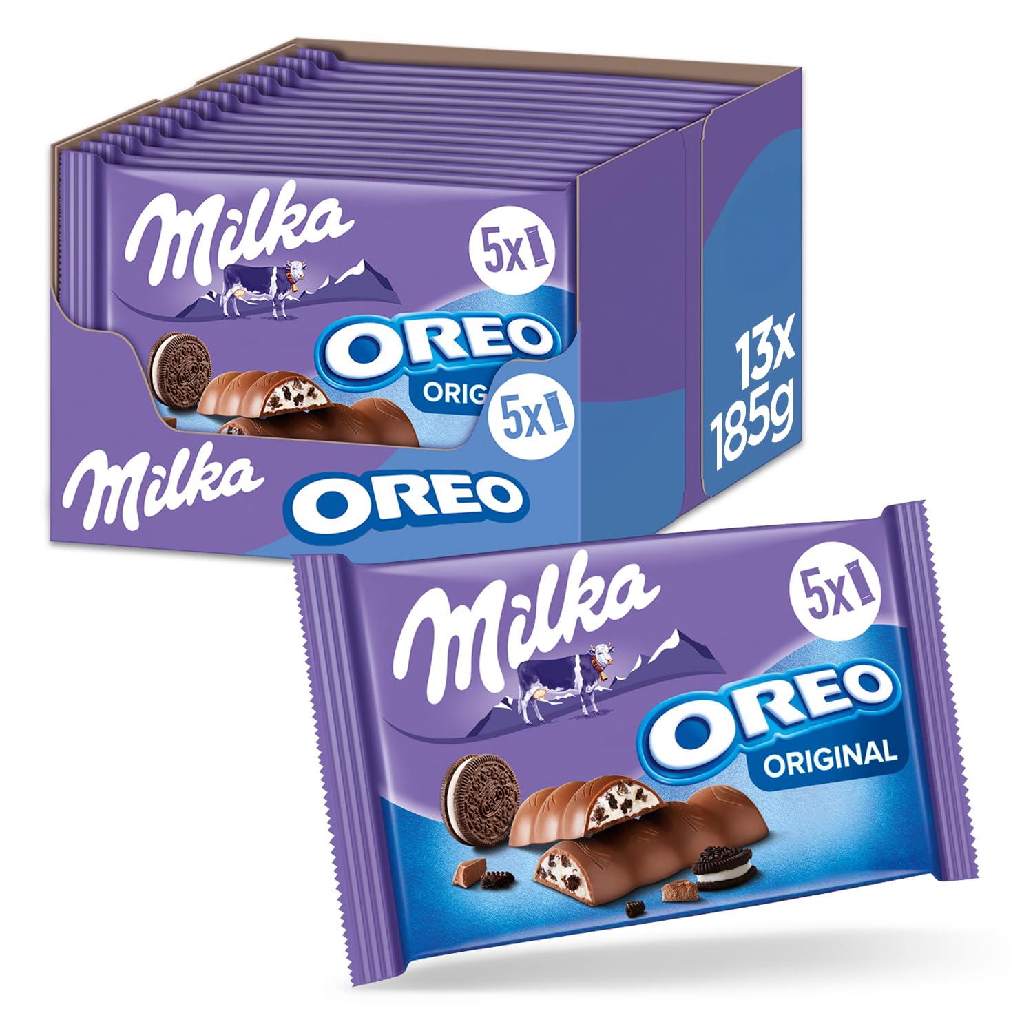 Milka & OREO Riegel – Alpenmilch-Schokolade mit knusprigen OREO-Keksstückchen in Milchcrème – 13 x 185g