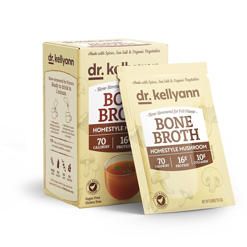 Dr. Kellyann Caldo de Ossos em Pó de Cogumelo Caseiro com Colágeno Hidrolisado Grass-Fed, 16 g de Proteína e 5 g de Colágeno, 7 Porções