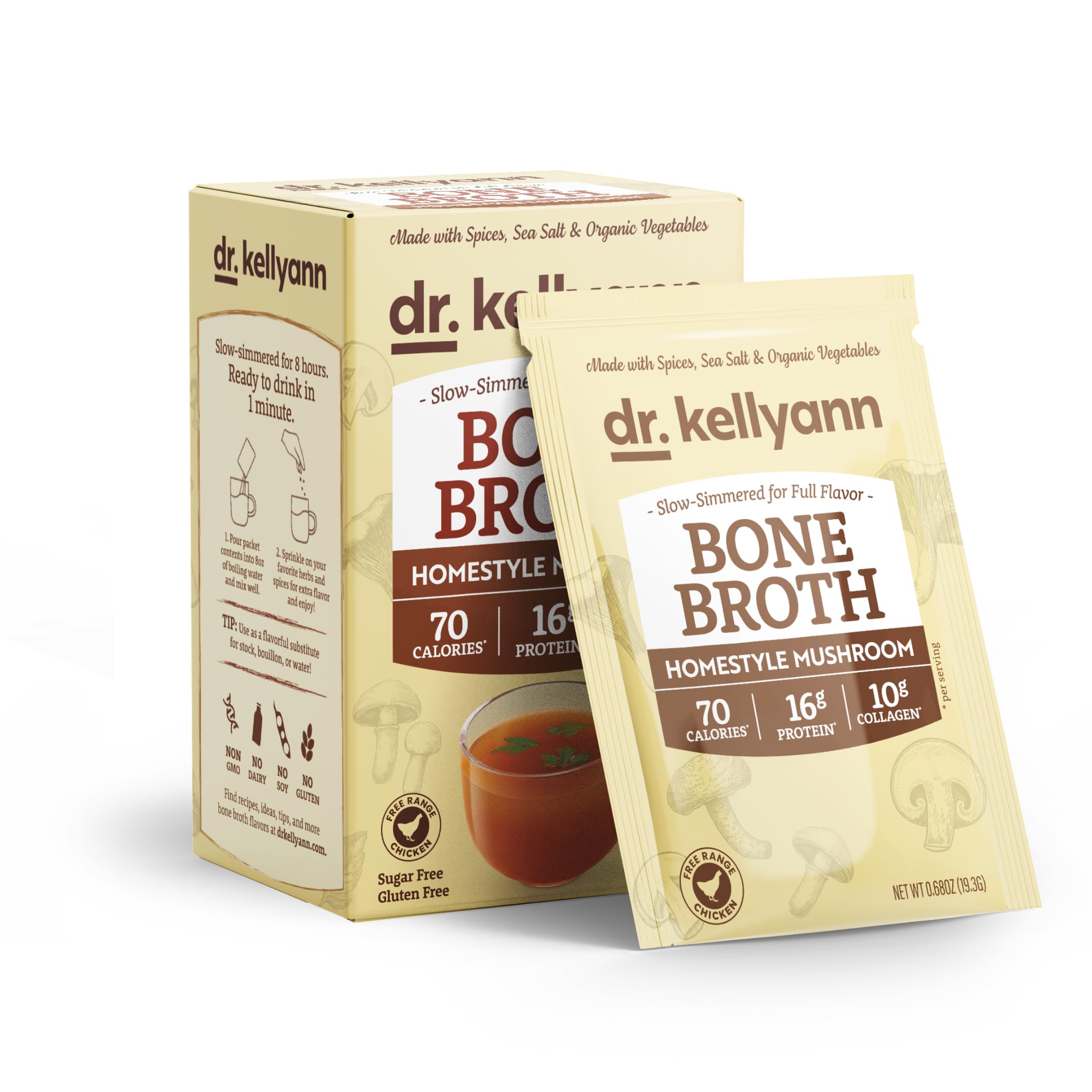 Dr. Kellyann Homestyle Mushroom Bone Broth Packets (7 Servings) – 16g Protein, Grass-Fed Hydrolyzed Collagen, Keto & Paleo-Friendly Homestyle Mushroom 7 servings