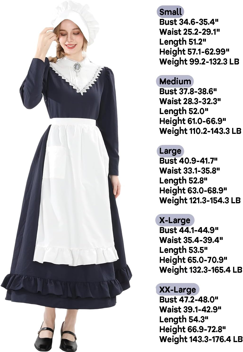 FCCAM Pioneer Prairie Dress Women Navy Blue Colonial Costume with Pocket 1800s American Historical Dress