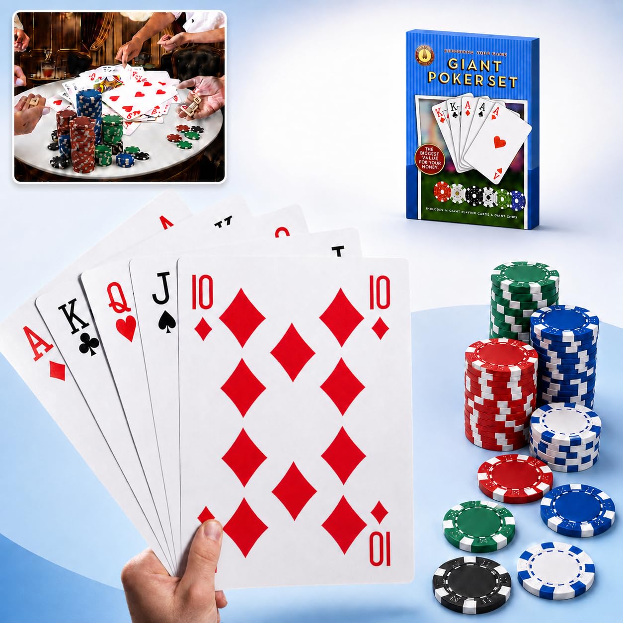 SRV Hub Super Jumbo Playing Cards 28cm - Giant Playing Cards with Chips, Full Set Easy to Read Deck for Family Game Night, Garden & Casino Party Decoration & Events