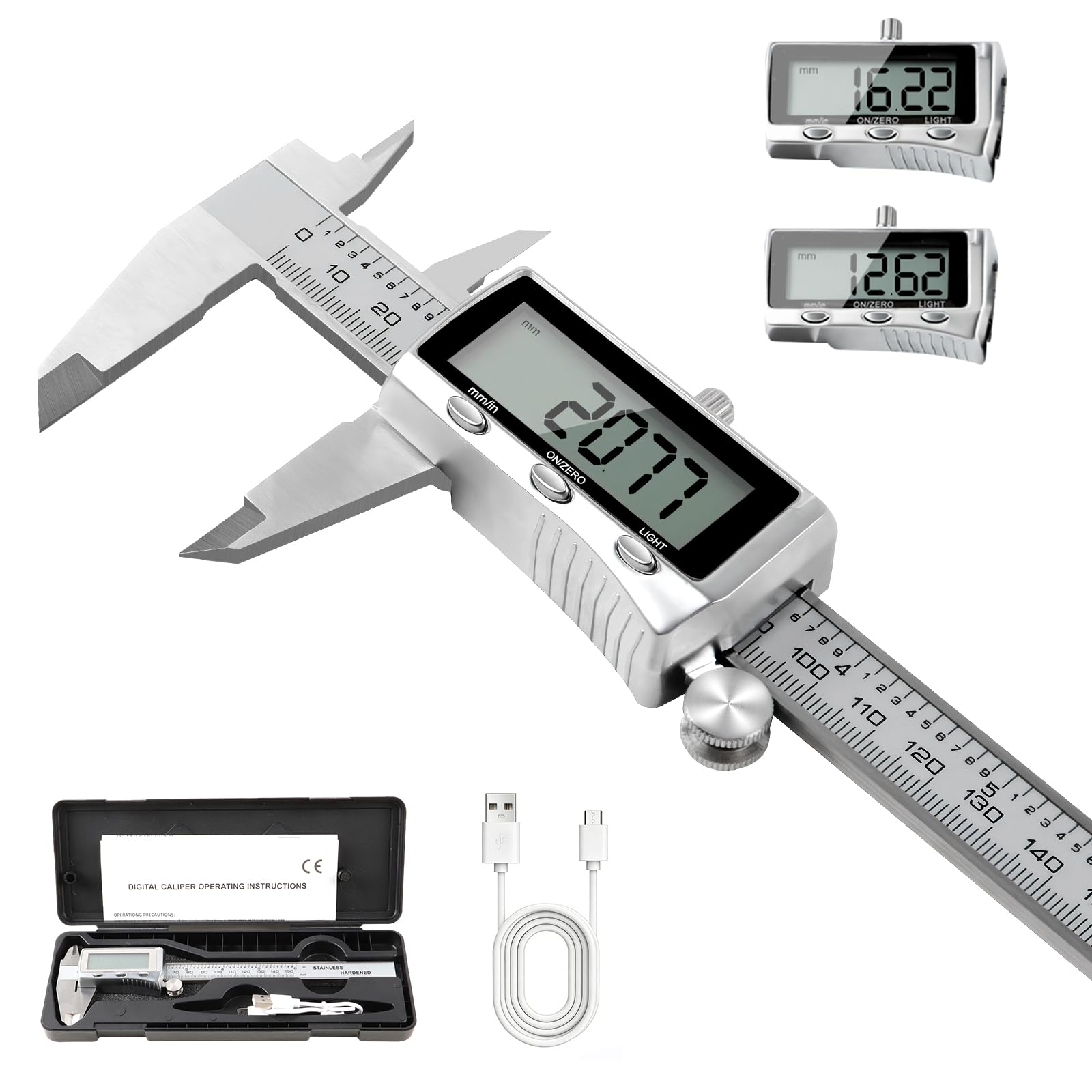 Digitaler Messschieber 150mm Edelstahl, USB-C Wiederaufladbar, IP54 Schutz, ±0,02 mm Präzision, Schieblehre mit Beleuchtetem LCD-Display, mm/Zoll
