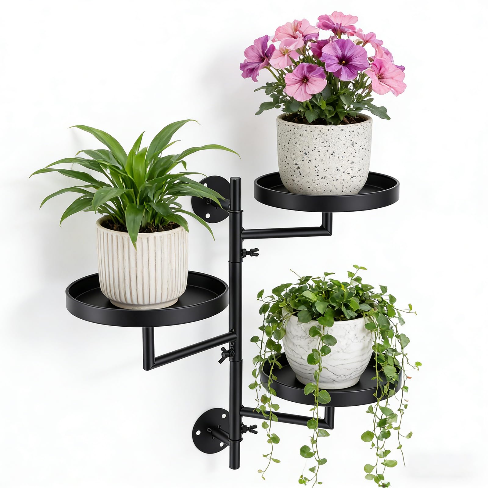 Estante giratorio de pared 3 niveles para plantas – Soporte metálico con rotación 180°, diseño salvaspacio, resistente al agua y óxido, fácil montaje – Ideal para ventana, balcón, salón y rincón