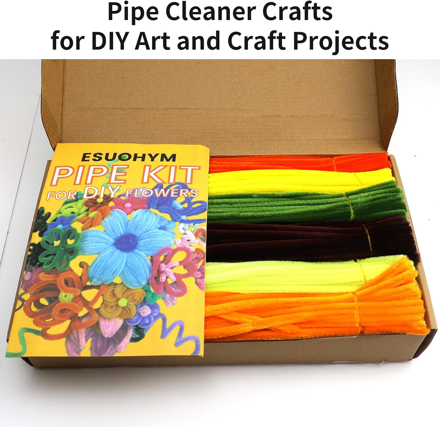 ESUOHYM 600 PCS Yellow Pipe Cleaners Craft Bulk with Instructions Chenille Stems Craft Supplies Thick Craft Sticks Fluffy Fuzzy Wire, Flower Bouquet Kit for Christmas Decoration for Kids and Adults