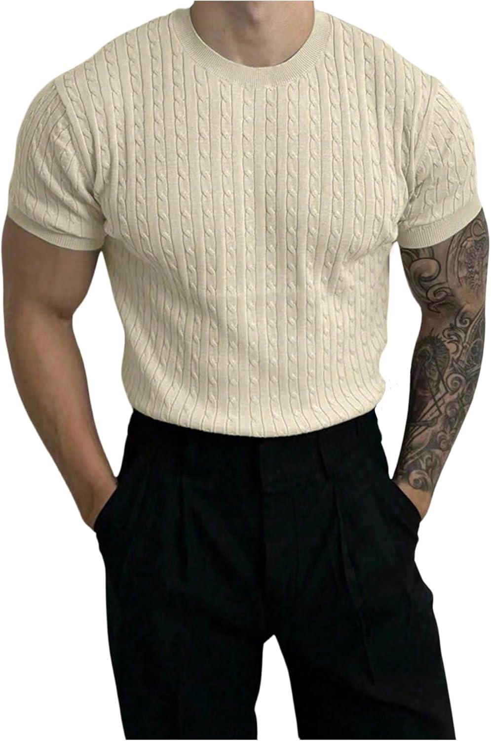 SHENHE Men's Knit Shirt Cable Knit Short Sleeve Sweater Pullover Crew Neck Fashion Clothes