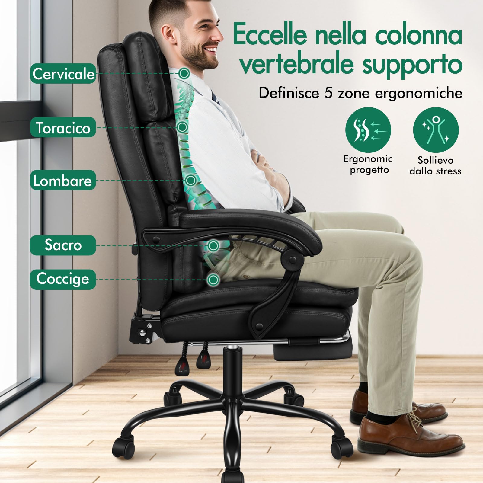 ALFORDSON Sedia da Ufficio Ergonomica, Poltrona Direzionale, Girevole e Altezza Regolabile, da Scrivania in Studio e Ufficio, con Rotelle con Poggiagambe, Portante di 180 kg, Similpelle(Nera)