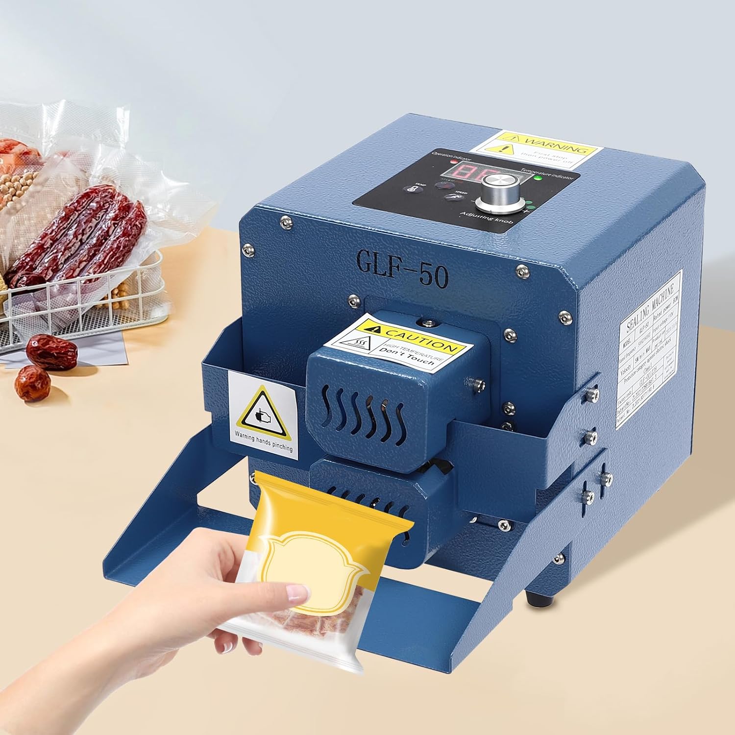 GLF-50 Heat Sealer Machine Continuous Band Sealer, Automatic Horizontal Band Sealer 110V, Continuous Sealing Machine Temperature Control, Bag Heat Sealer ?Machine for PVC Bags Films, Blue