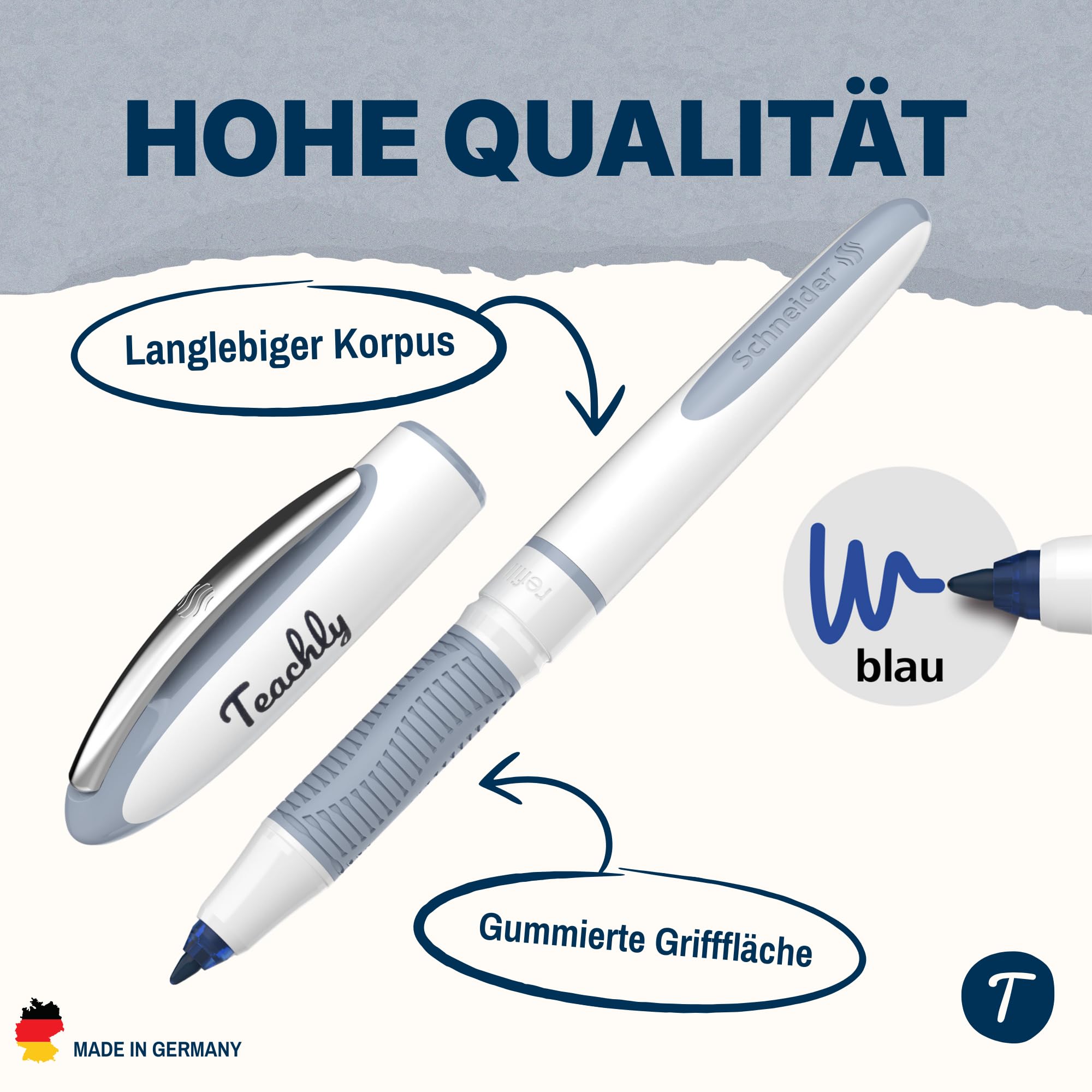 Teachly Tintenroller Superstudent (Anthrazit) - inkl. 7 blauen Patronen | Nachfüllbarer Tintenroller für Schule & Studium - Inkl. Geschenkverpackung