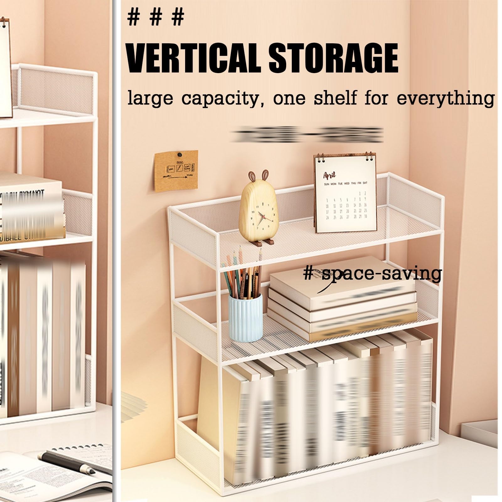 Desktop-Bücherregal Schreibtisch Aufsatzregal, Platzsparend Für Büro & Arbeitszimmer, Robustes Holz- Und Stahl-Design, Einfacher Aufbau, Ideal Für Kleine Flächen(W-Double,40cm)