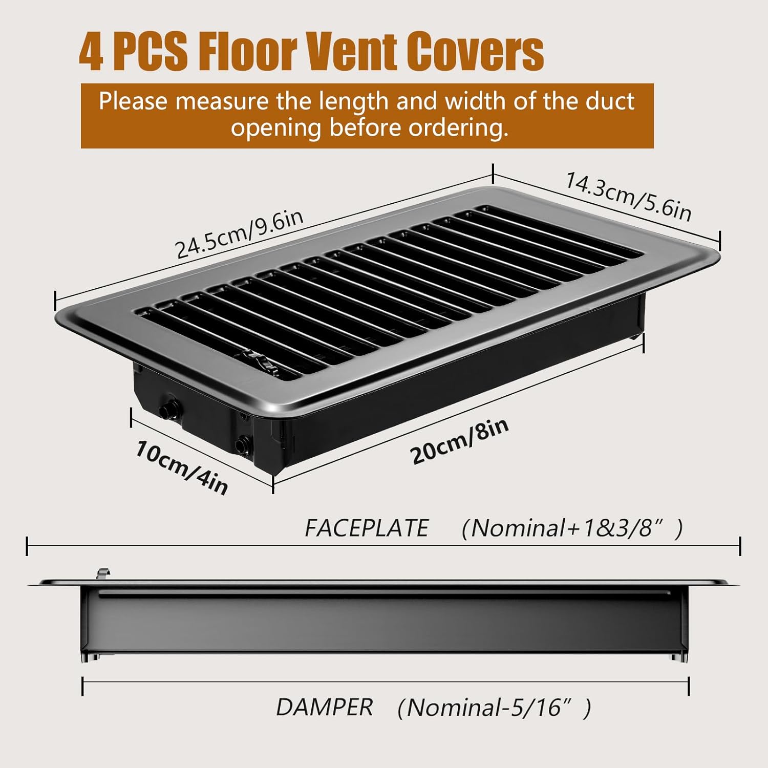 4-Pack 4x8 Inch Heavy Duty Metal Hot Air Vent Covers with Rust-Proof Finish for Home Heater Floor Vents