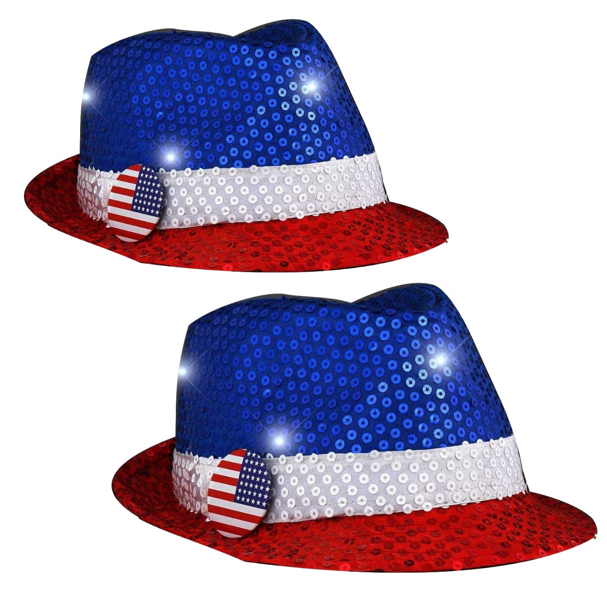 blinkee Two Pack Star-Spangled Sparkle USA Flashing Fedora Hat with Red White and Blue Sequins