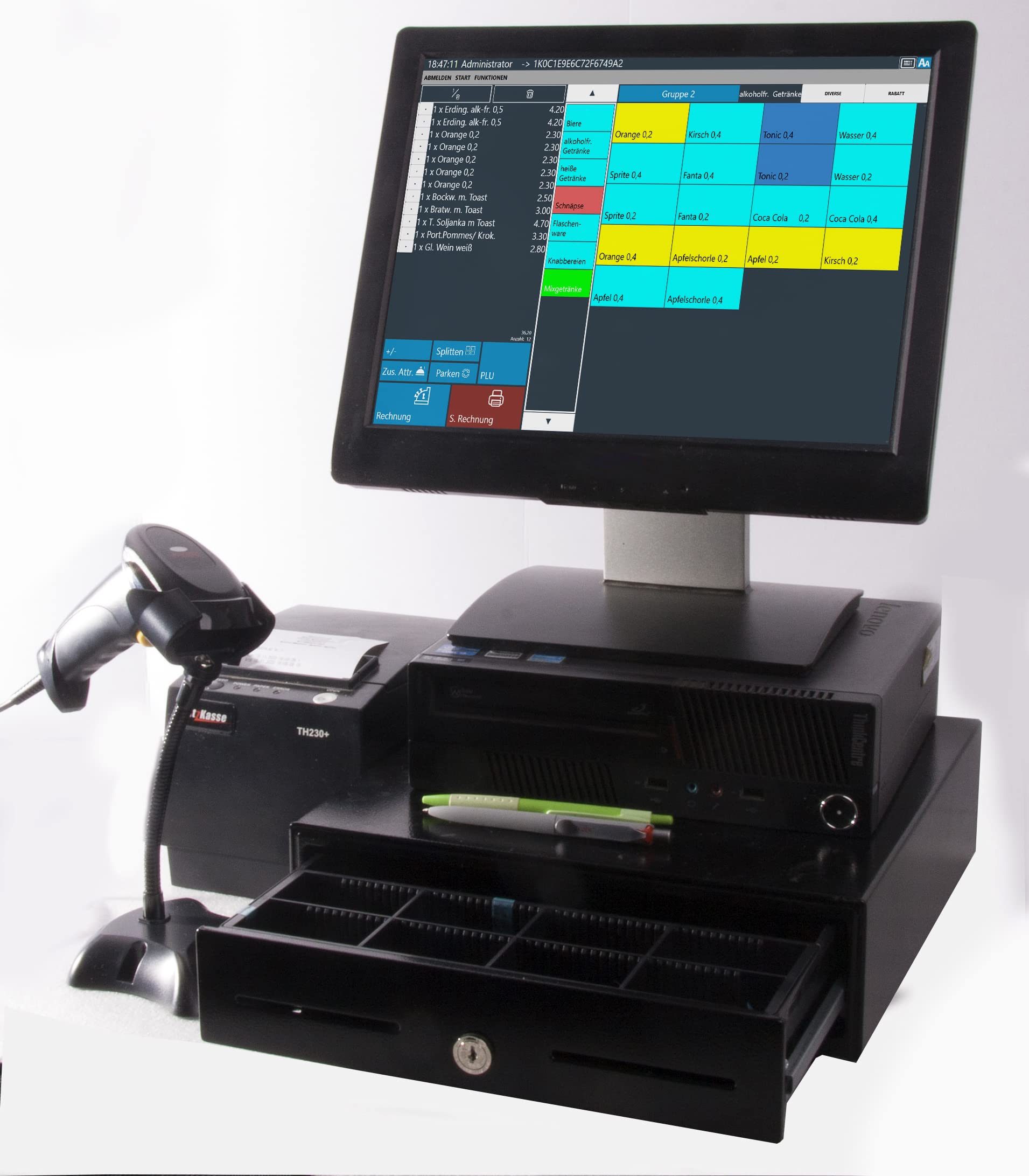 15" Scannerkasse Einzelhandel – POS Kassensystem für Kiosk, Supermarkt, Lebensmittelladen – Touchscreen mit Bondrucker, Scanner & Kassenlade – ohne ABO – TSE-konform, BlitzKasse Laden LITE