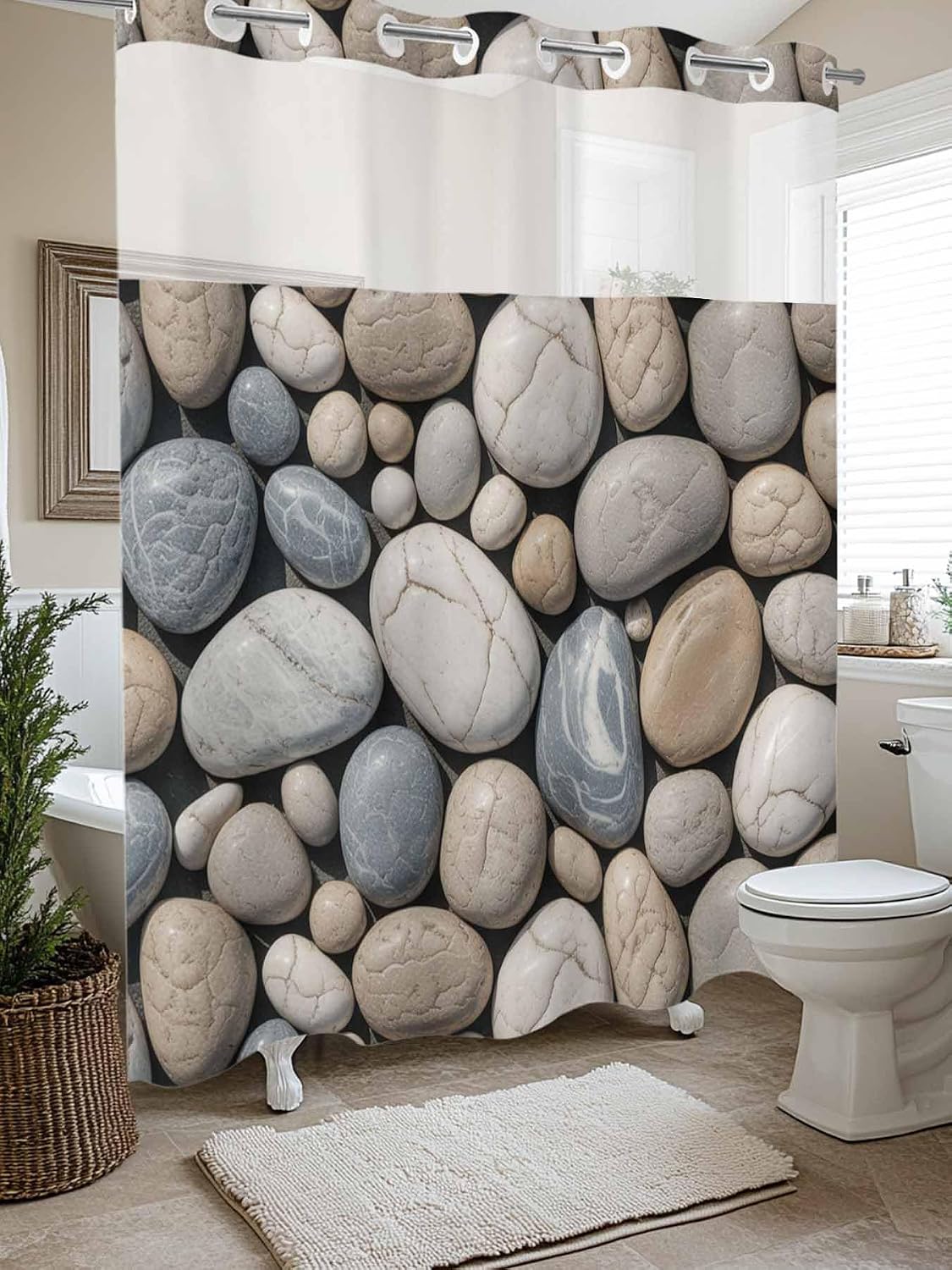 No Hook Shower Curtain with Snap in Liner, Abstract Natural Grey Cobblestone Waterproof Bath Curtain Double Layers with See Through Top Window, Modern Grey Pebble Stone Hotel Shower Curtains