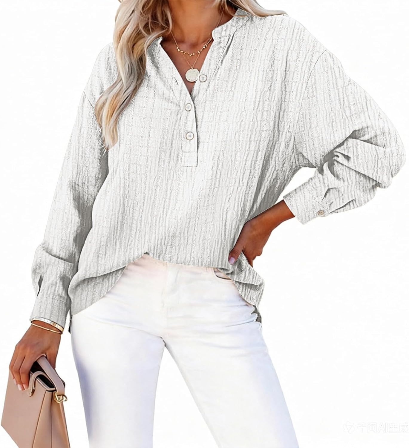Gauze Shirts for Women Casual Cotton Linen Tops Button Down V Neck Long Sleeve Lightweight Blouses Summer Beach Outfits