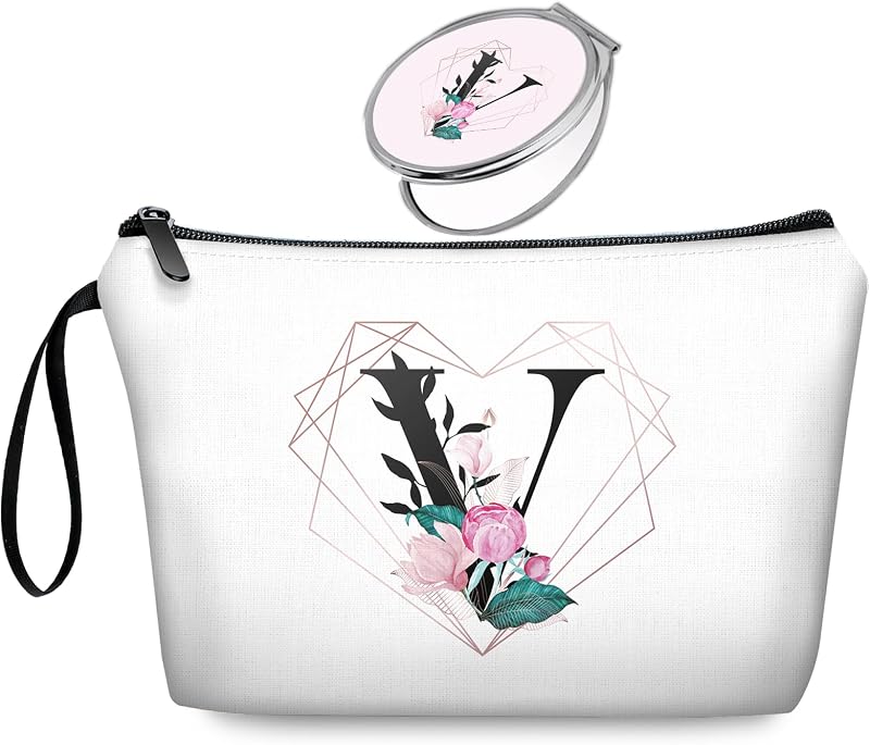 Necessaire de maquiagem JIEXAGEZOS Initial V com espelho, Pacote com 2