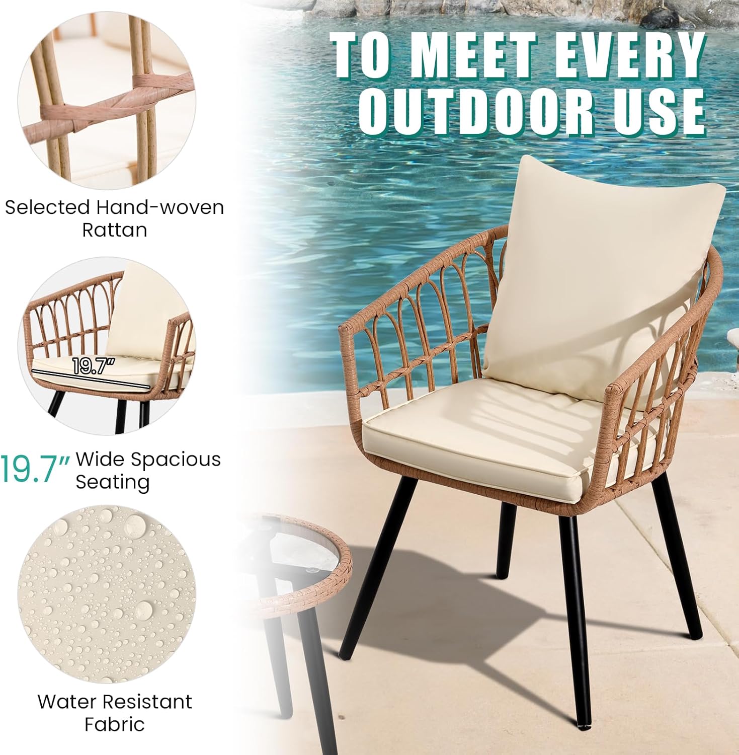 3 Pieces Patio Bistro Set, Boho Wicker Balcony Furniture with Thickened Cream Cushions, Space-Saving Wicker Conversation Set for Small Porch, Apartment, Garden & Backyard Oasis