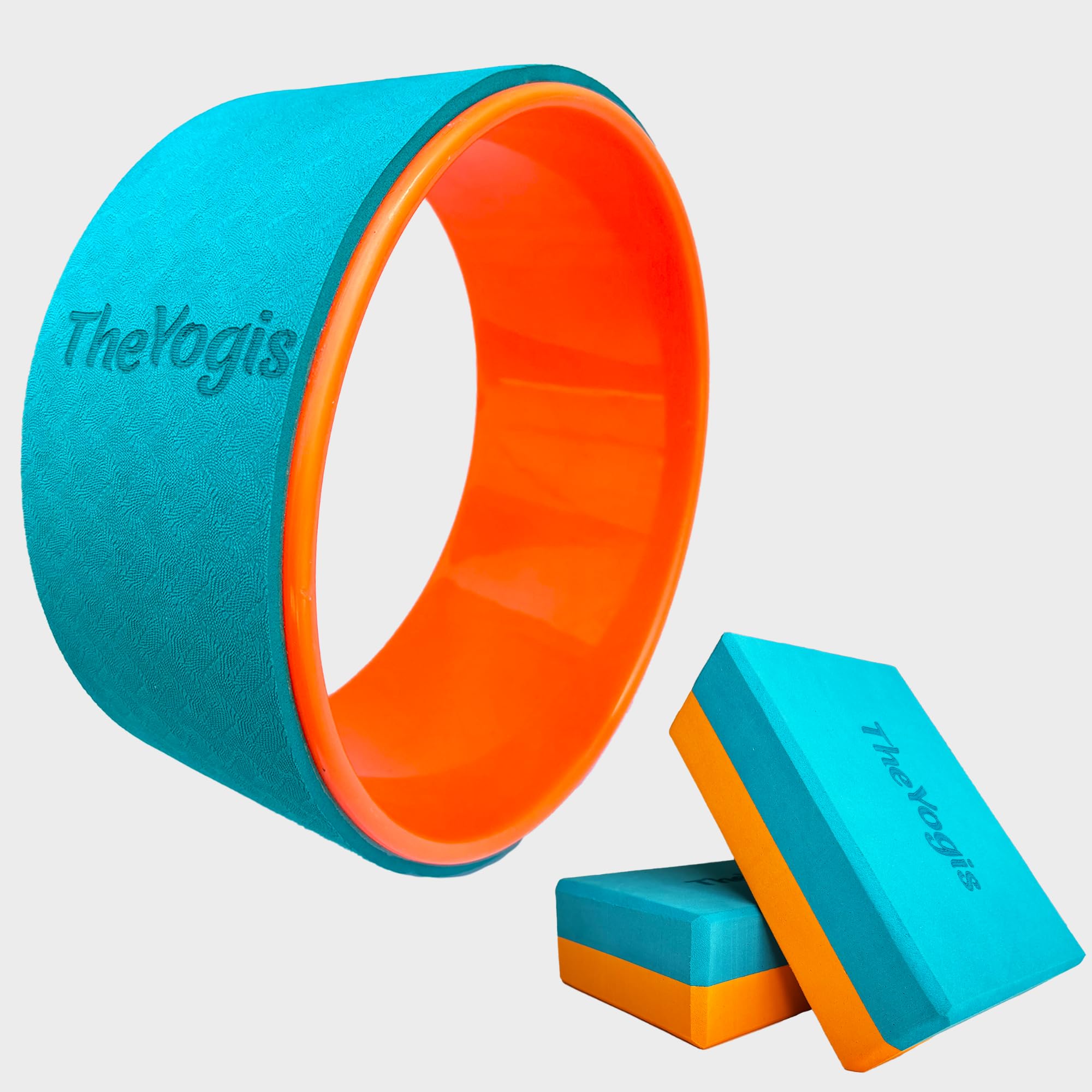 The Yogis Yoga Wheel and Block Set, 13x5.7inch Wheel with 2 EVA Foam Blocks, Turquoise and Orange